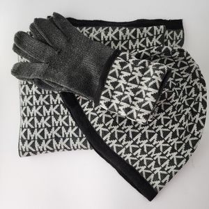 MK 3-pc Scarf Hat Gloves Set Michael Kors Gray Black